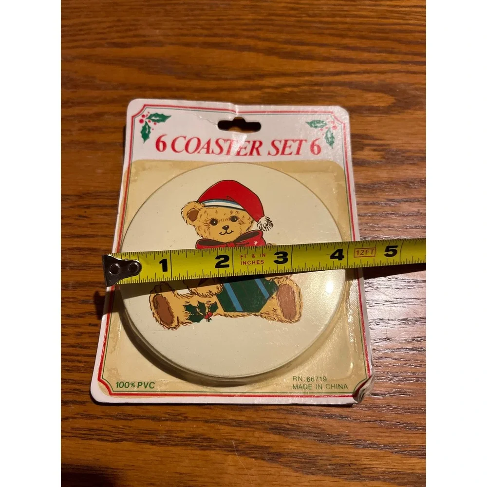 Vintage Christmas Teddy Bear Coaster Set 6 Round PVC Holiday Santa Hat RN 66719